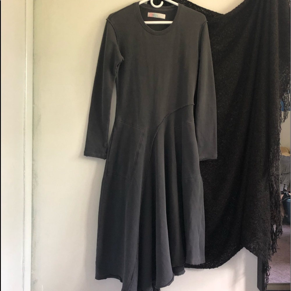 Free People Asymmetrical High-Low Long Sleeve Dress in Charcoal, size Small